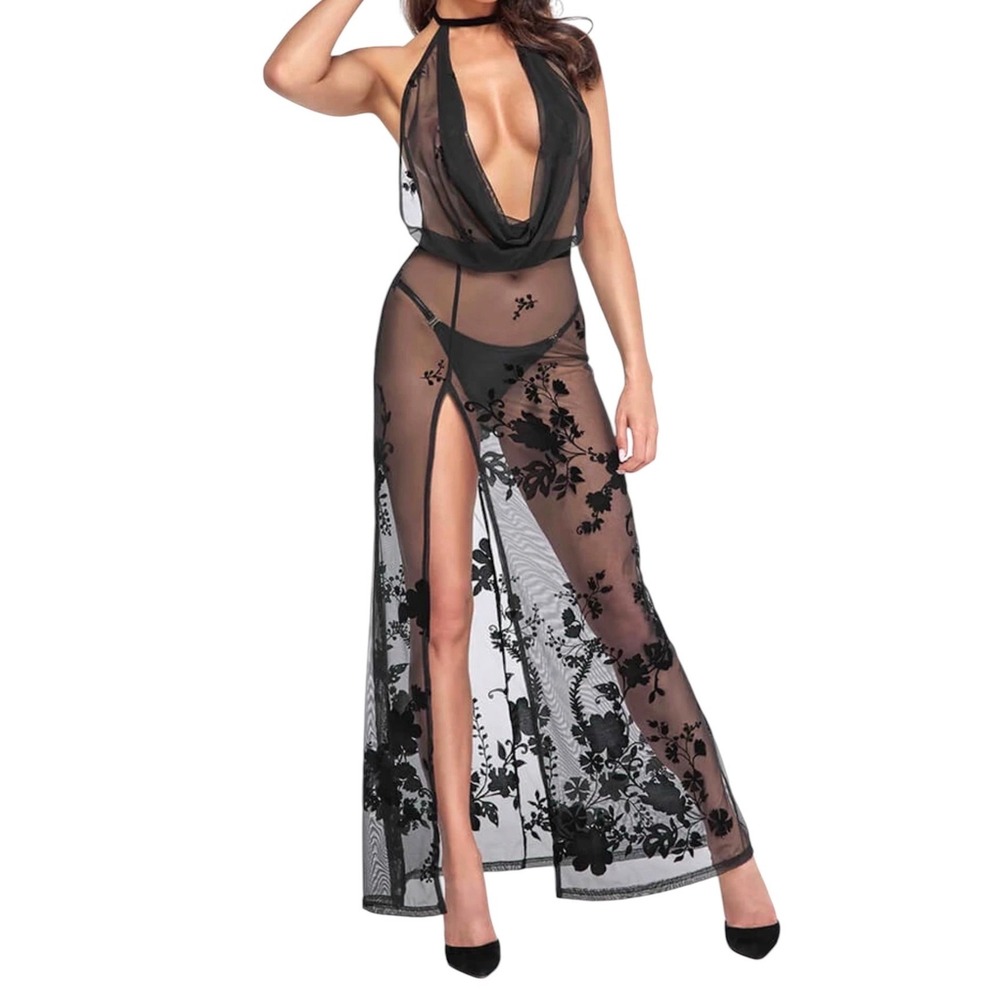 Noir Handmade F312 Black Sheer Mesh Floral Flocked Maxi Dress Open Back Small